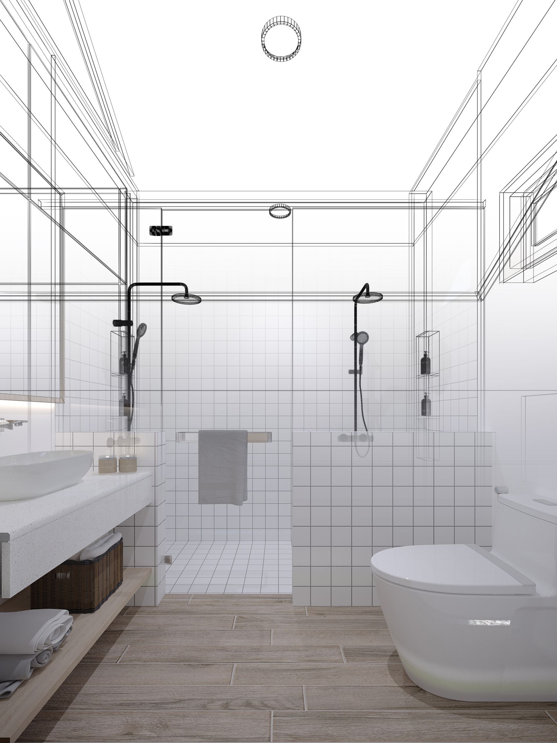 Accessible modern bathroom with walk-in shower, grab bars, toilet, and wood-look floor