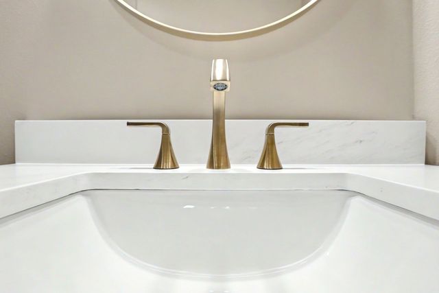 Modern white bathroom sink with brass faucet and matching handles beneath a round mirror