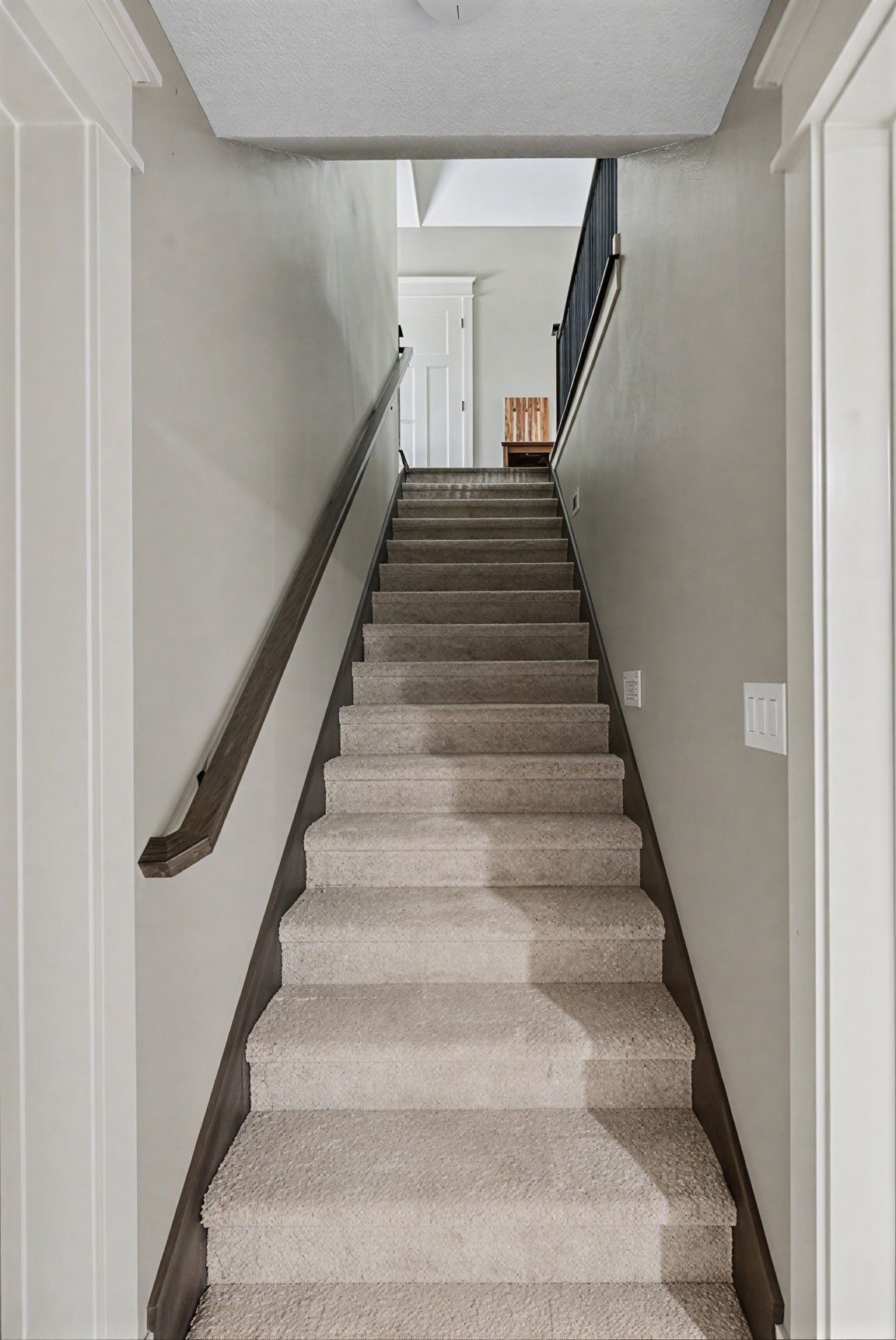Carpeted staircase in a narrow hallway, with dark handrails and a white door at the top.