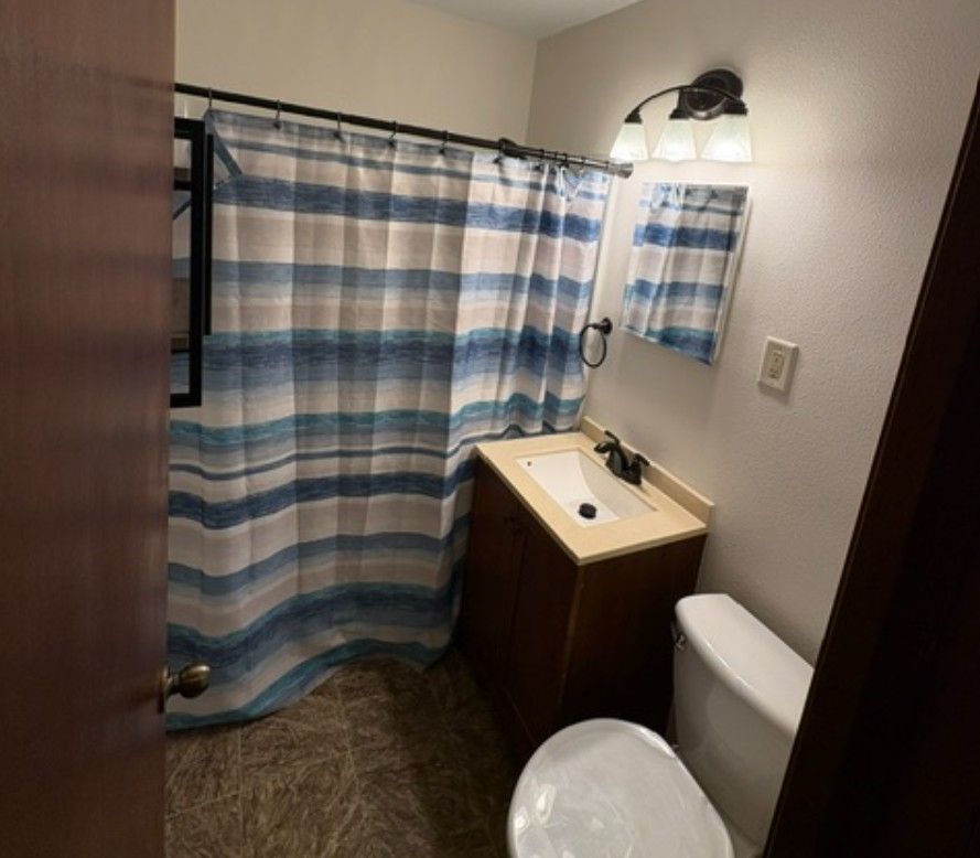 Small bathroom with blue-striped shower curtain, sink, toilet, and wall light.