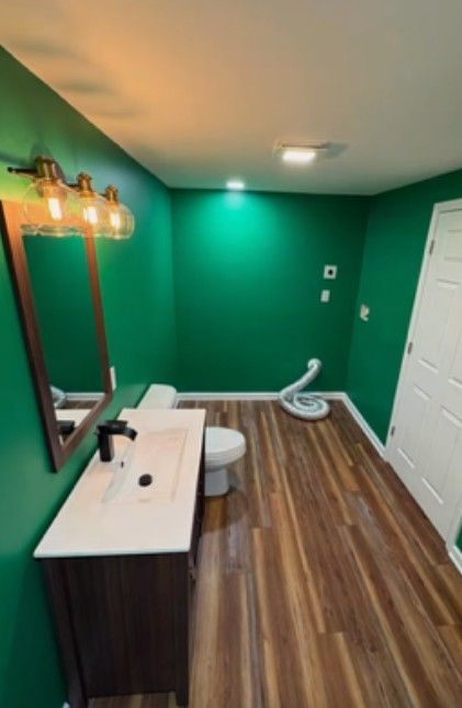 Small bathroom with green walls, white vanity, toilet, and white door on wood-look floor.