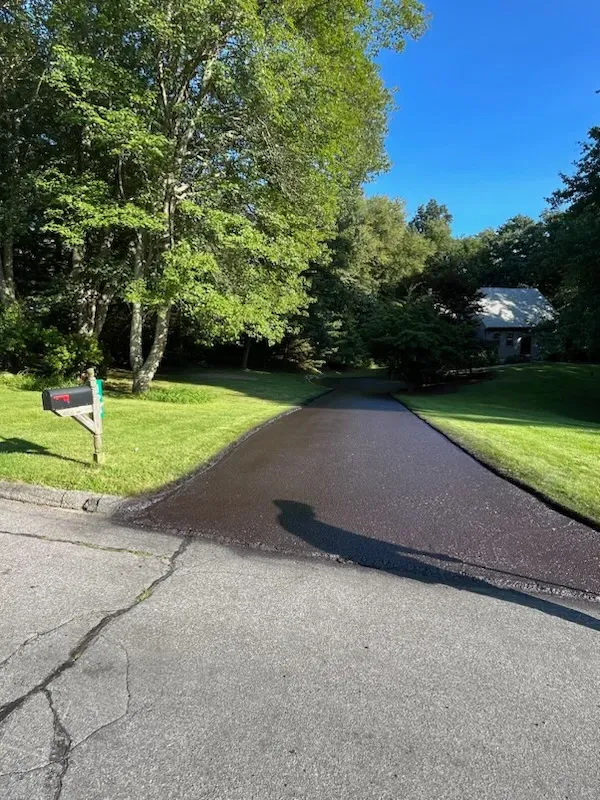 A driveway leading to a house with a mailbox on the side of it