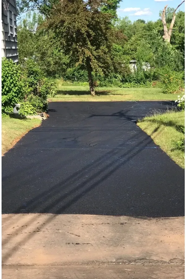 A black driveway with a tree in the background and a house in the background