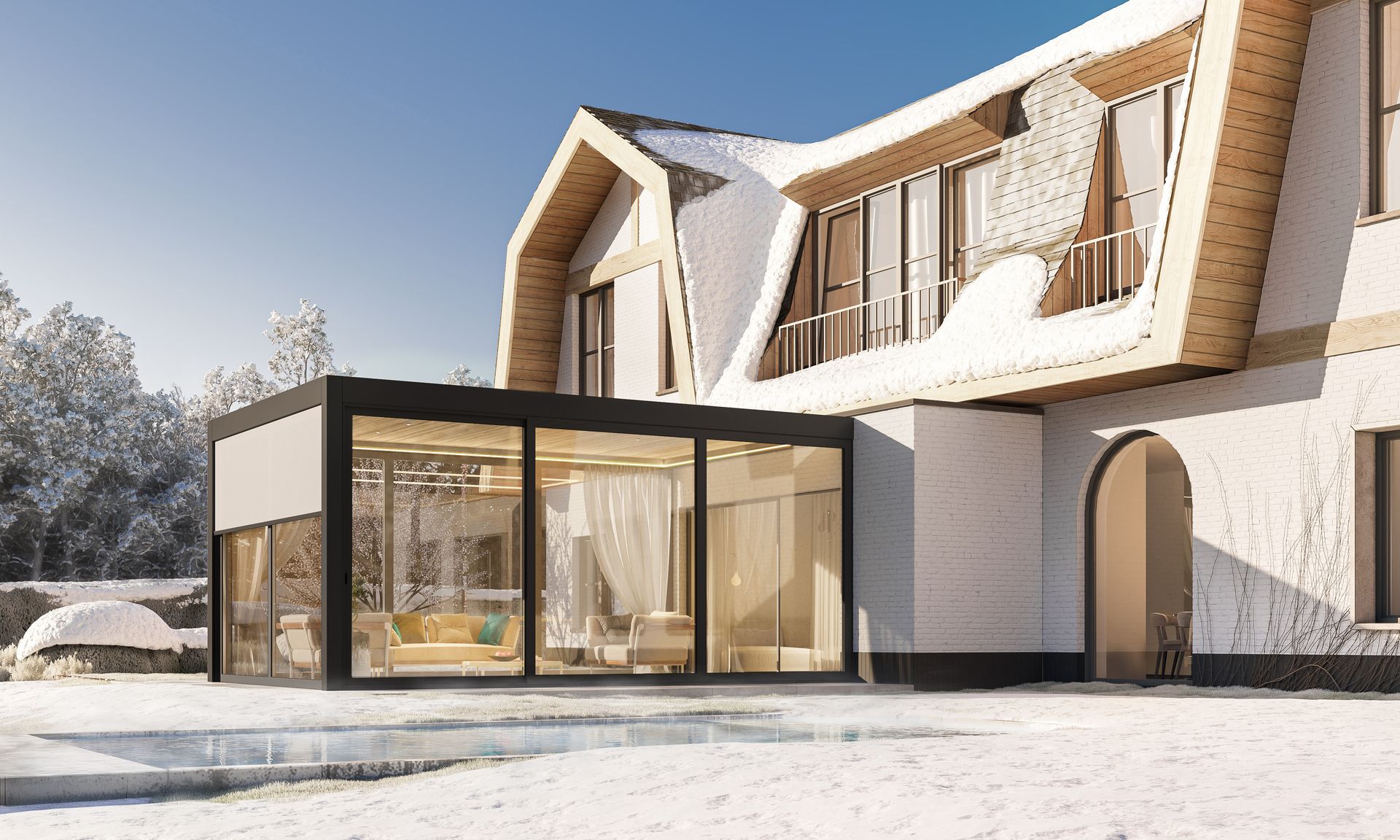 A large white house with a lot of windows is covered in snow.