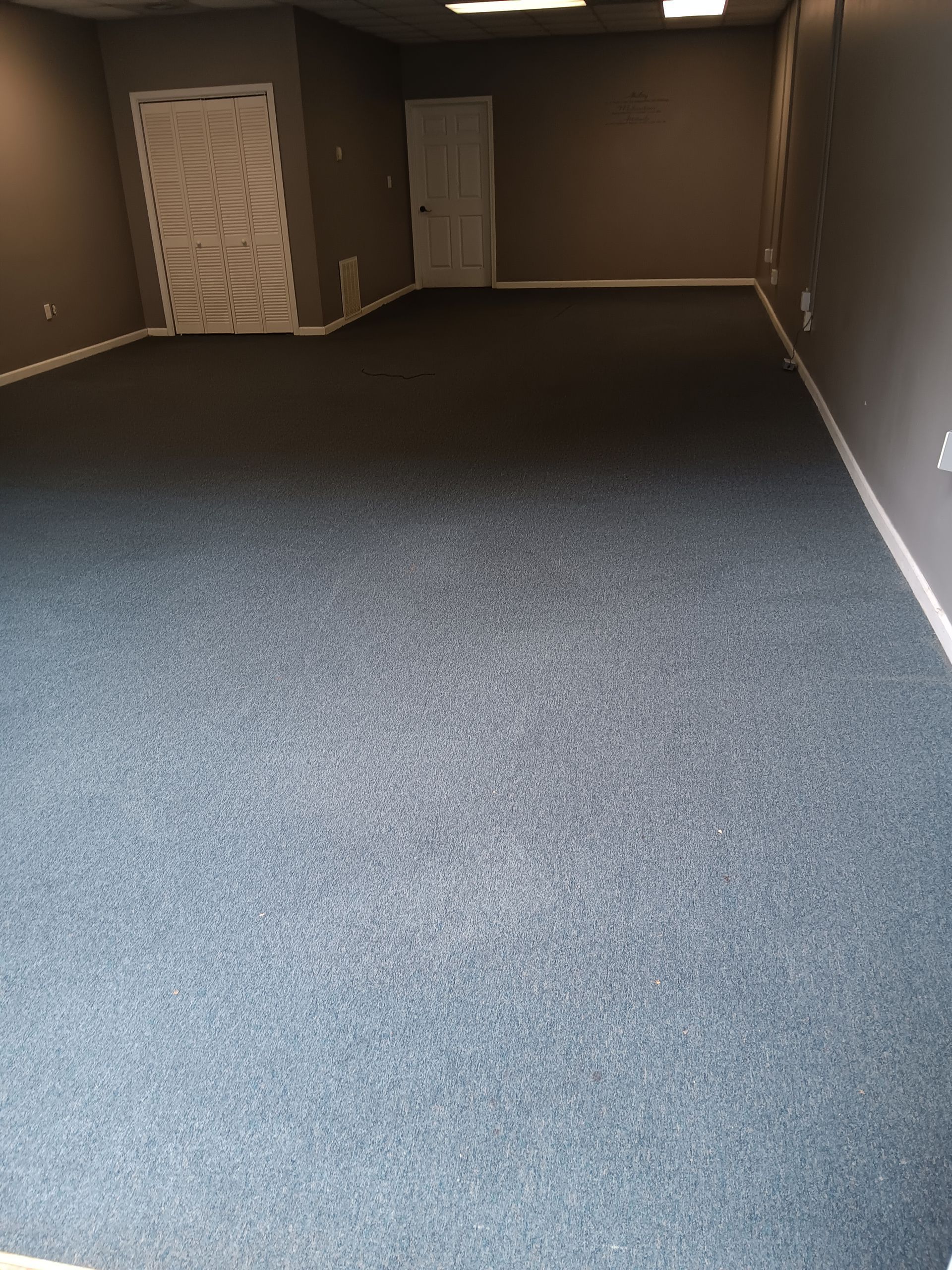 Empty room with blue carpet and two white doors. Dark gray walls and bright lights.