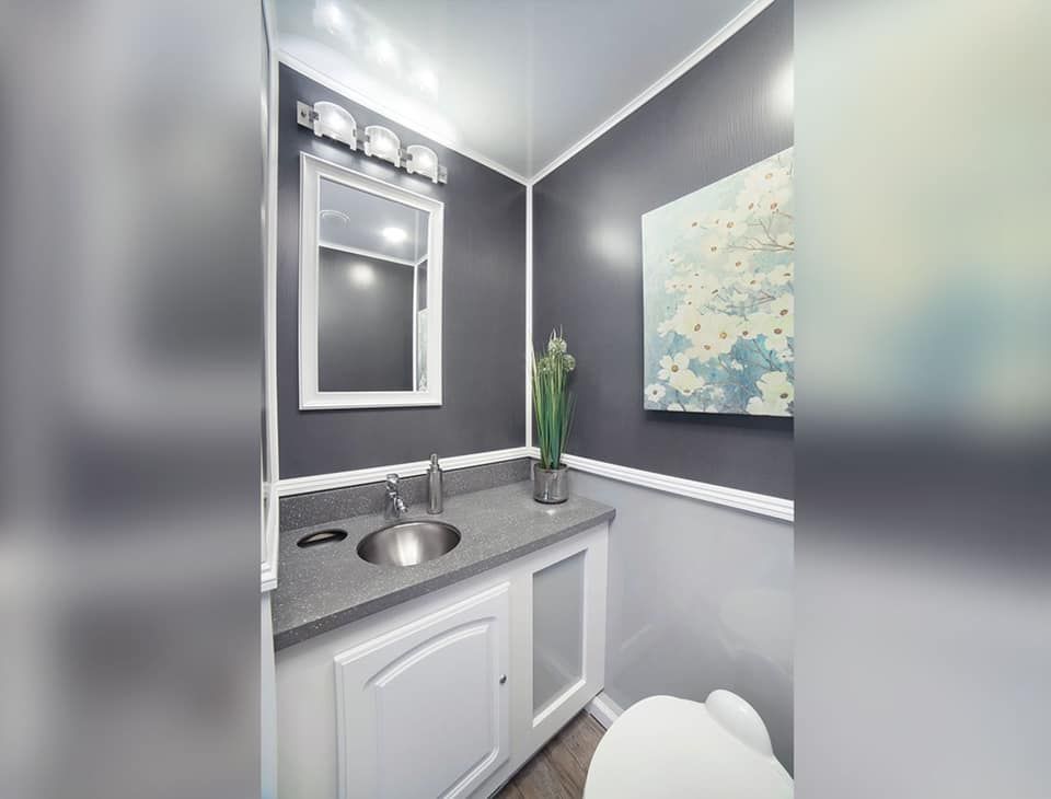 a bathroom with a sink, toilet, and mirror