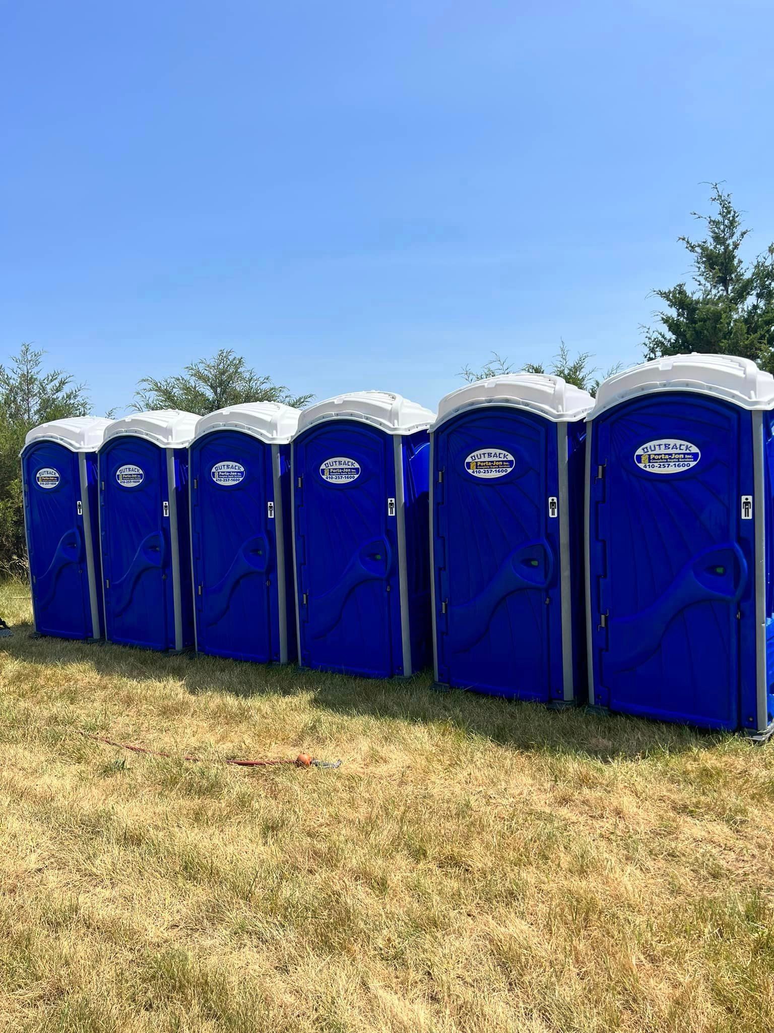 a row of blue portable toilets are lined up in a field