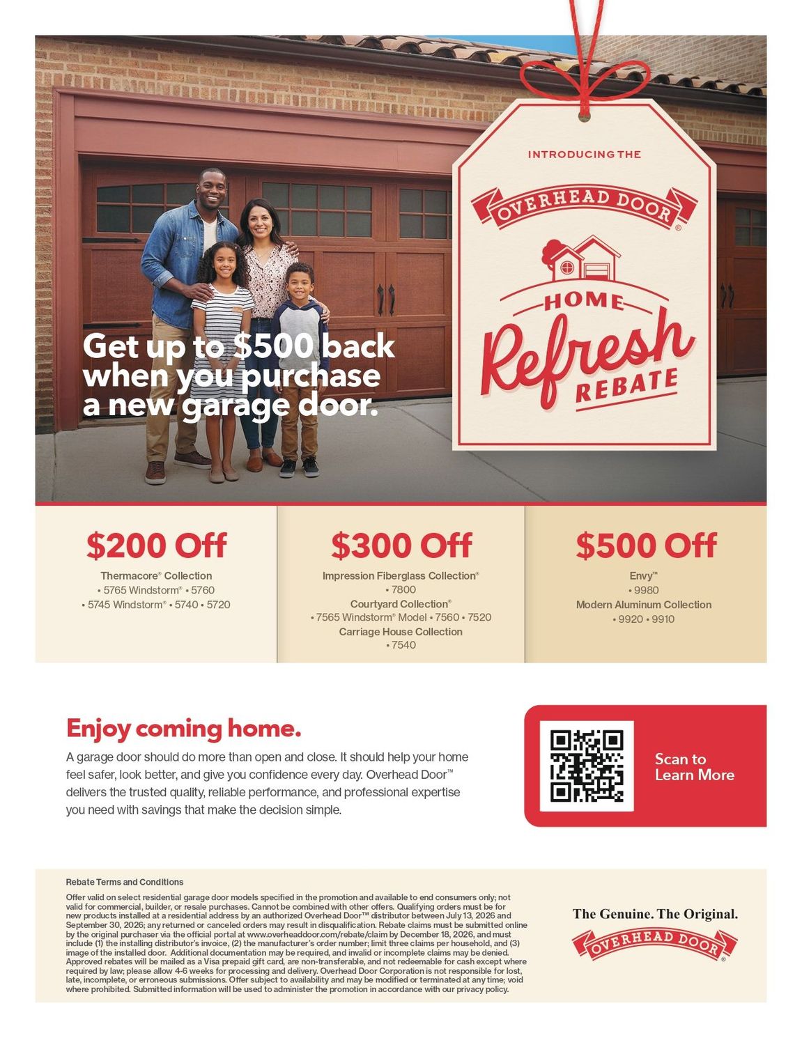 Home Refresh garage door ad with couple, $200-$500 off offers, and QR code