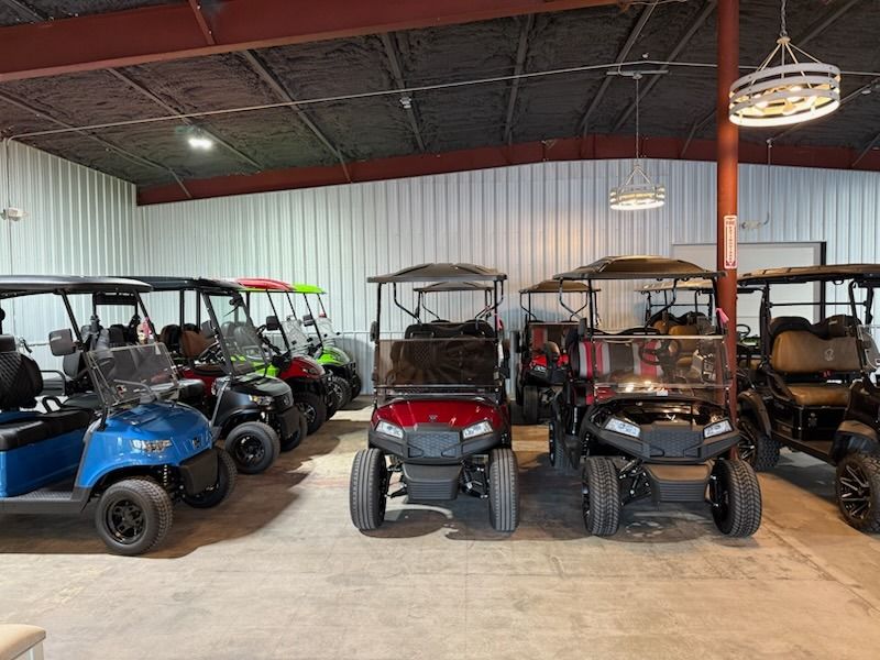 Row of parked golf carts in an indoor storage garage, including blue, red, and tan carts.