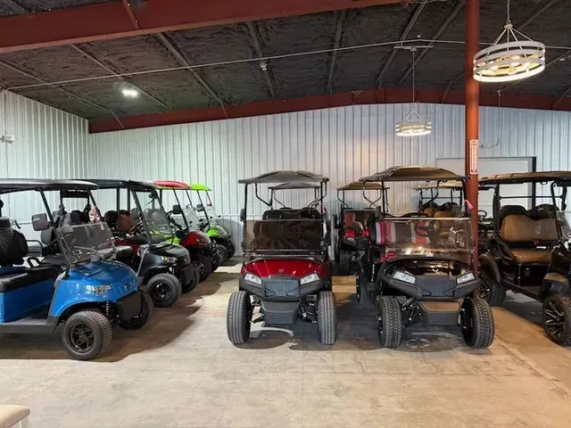 Row of parked golf carts inside a warehouse, including blue, red, and tan models.