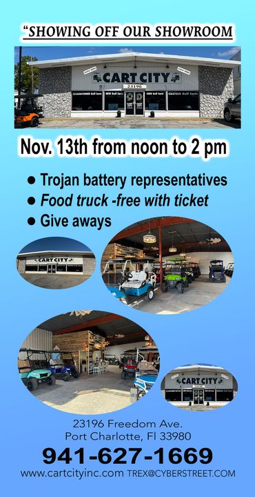Ad for Cart City showroom opening: Nov. 13th, noon to 2 pm. Includes Trojan battery reps, food truck, giveaways. Phone: 941-627-1669.