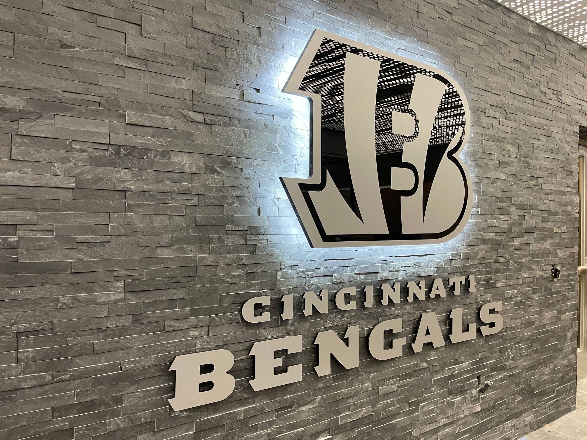 The cincinnati bengals logo is lit up on a brick wall.