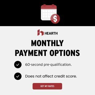 Advertisement for Hearth's monthly payment options. Features a calendar, a dollar sign, and a button to get rates.