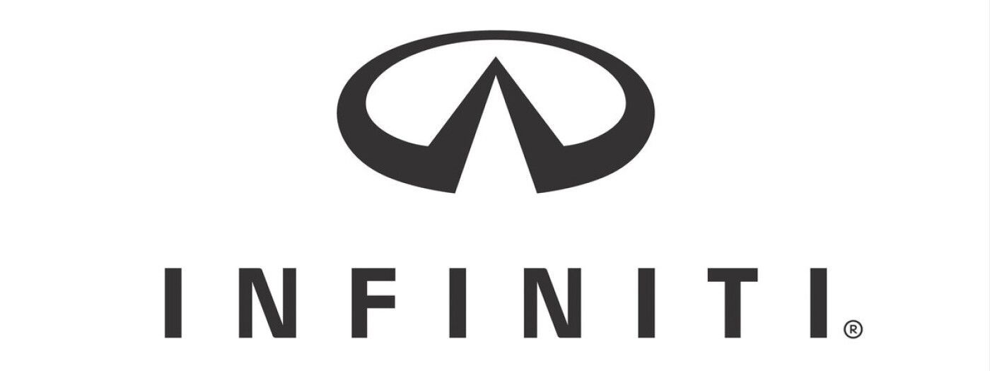 Infiniti logo: dark grey oval with a central triangle, below the word 
