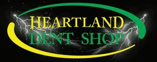 Logo for "Heartland Dent Shop" with green and yellow arc design and lightning.