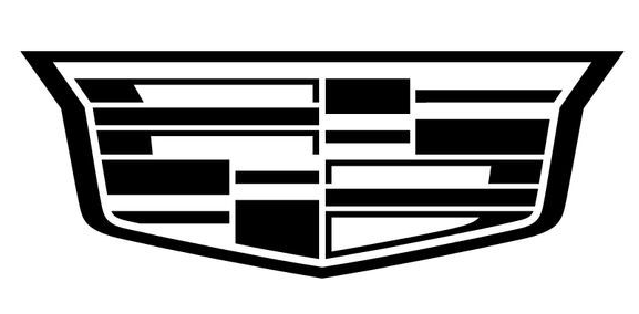 Cadillac logo: stylized shield with black and white geometric pattern.