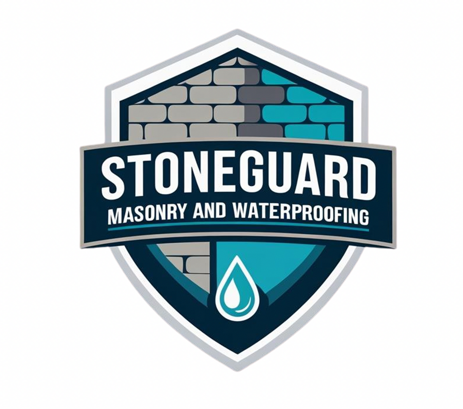 Logo: Shield with brick, water droplet, and text 