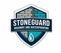 Logo: Shield with brick, water droplet, and text 