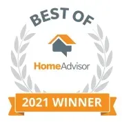 Best of HomeAdvisor 2021 Winner award badge. Features gray, orange, and white colors, with a wreath and banner.