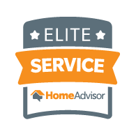 HomeAdvisor Elite Service badge: gray and orange, text 