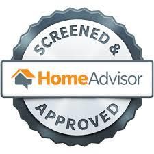 HomeAdvisor screened and approved badge. White and gray seal with orange and gray logo.