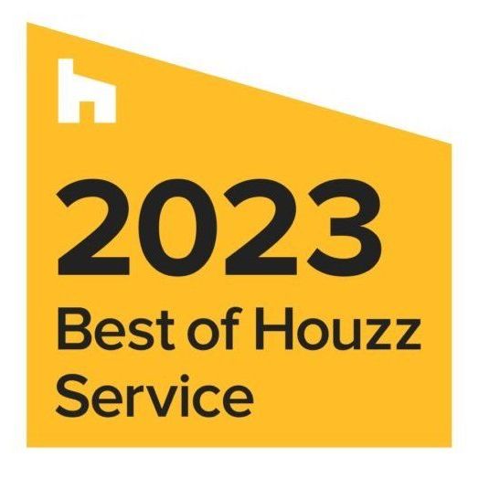 Best of Houzz Service award for 2023, gold badge with white house icon and black text on a yellow background.
