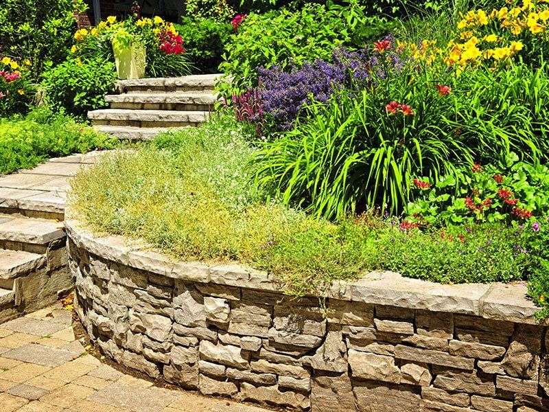 Stone-walled garden with colorful flowers, steps, and lush greenery.