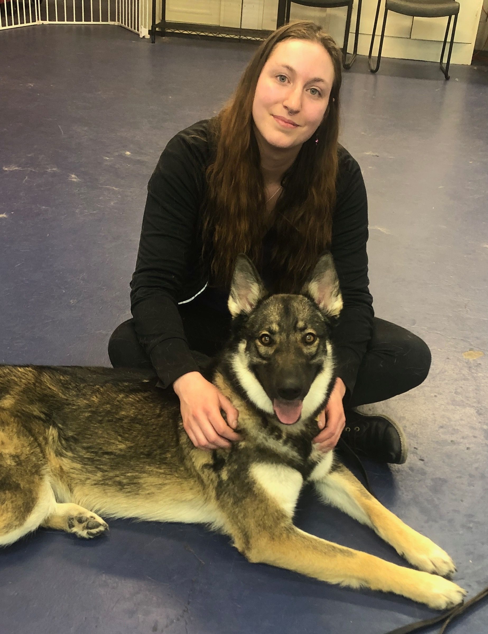 Woman kneeling with a large German shepherd mix indoors, petting the dog as it lies on the floor.