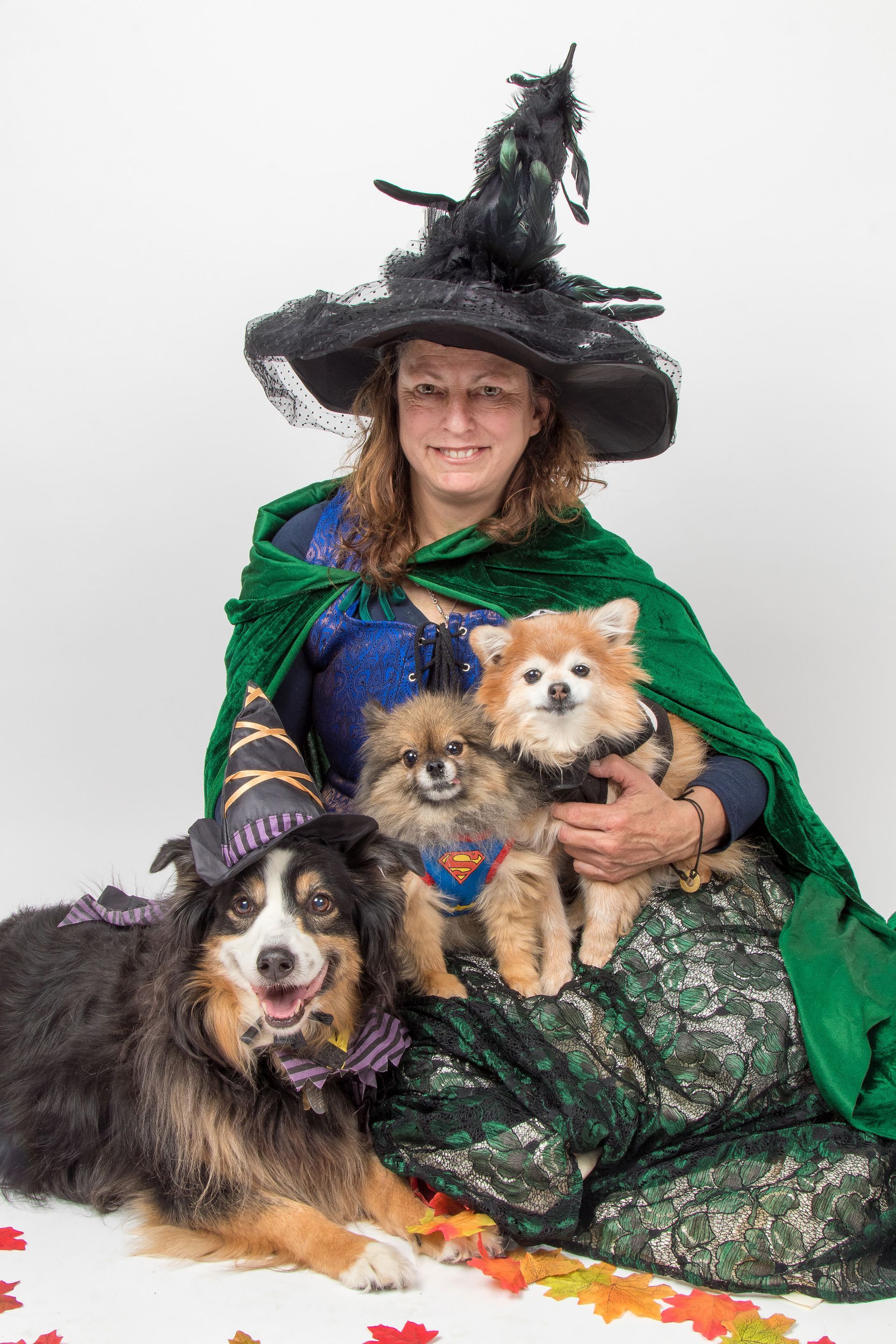 A woman in a witch costume is sitting next to two dogs.