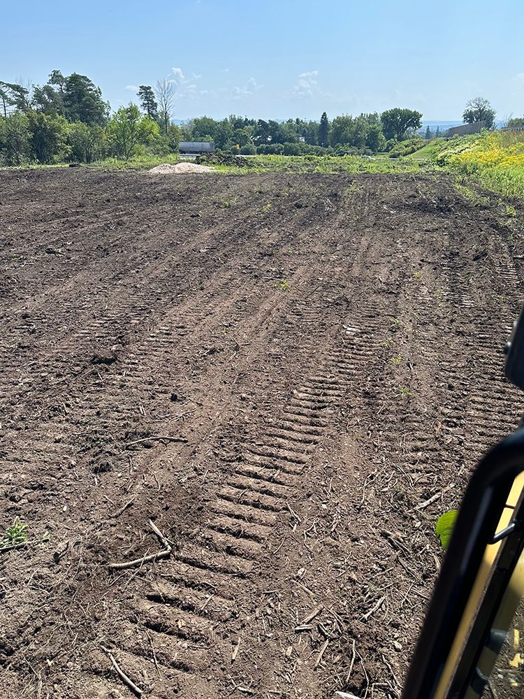 A view of a dirt field from a car window.