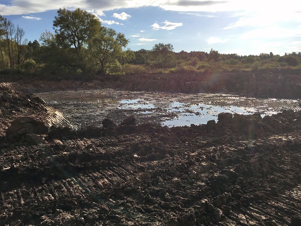A muddy field with trees in the background