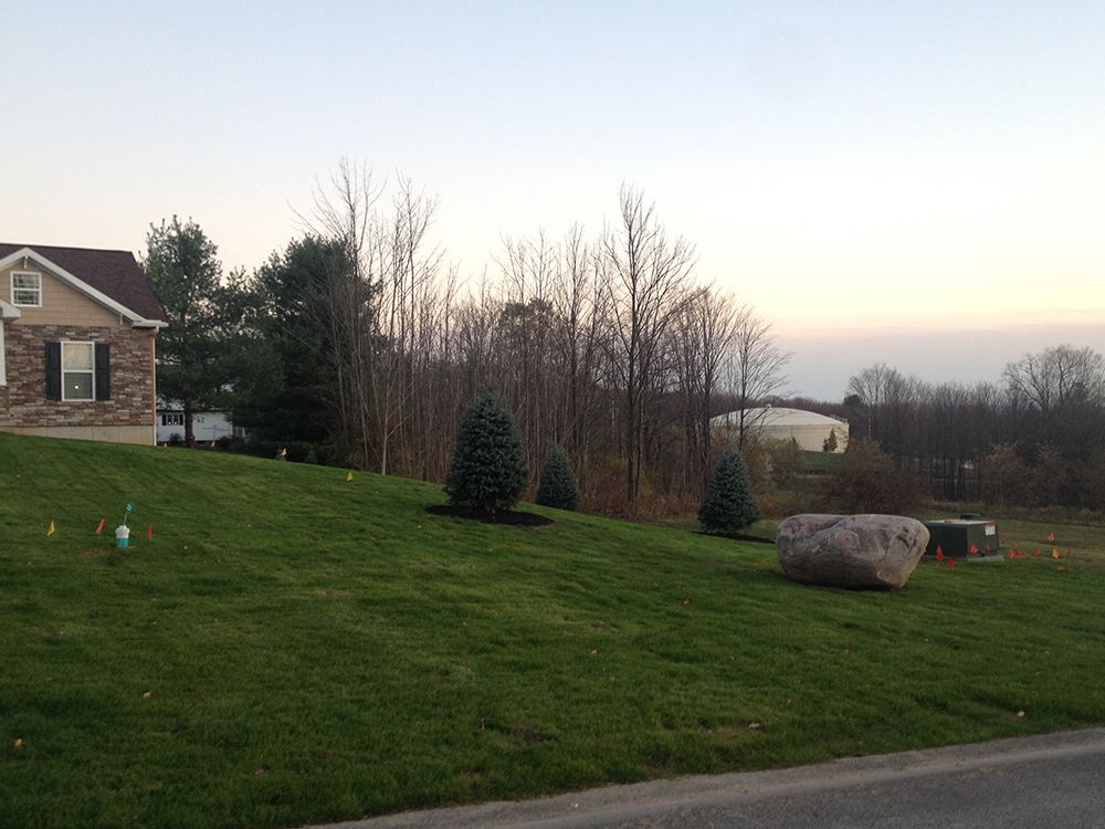 A large rock sits in the middle of a lush green lawn in front of a house.