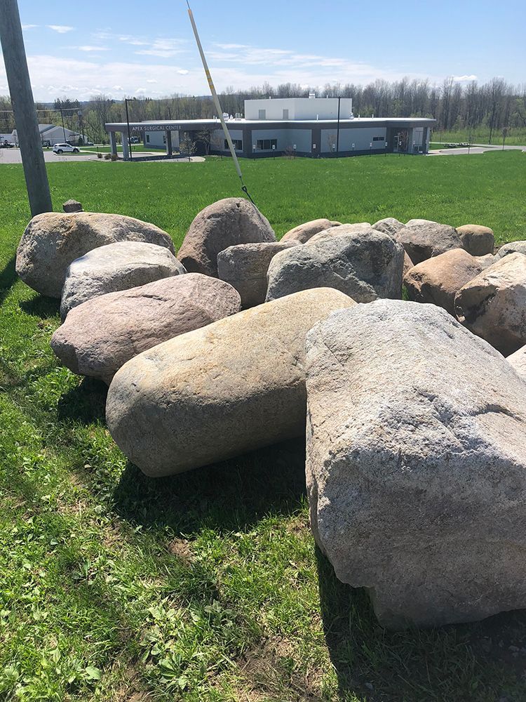 A bunch of rocks are sitting in the grass in front of a building.