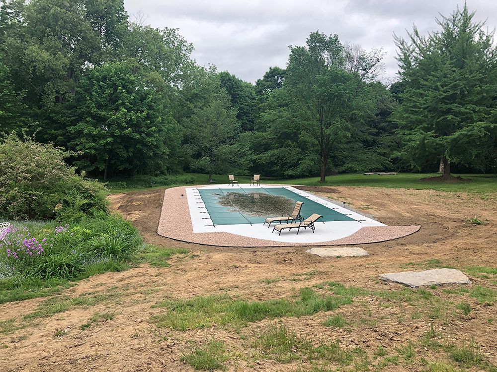 A large swimming pool in the middle of a lush green field surrounded by trees.
