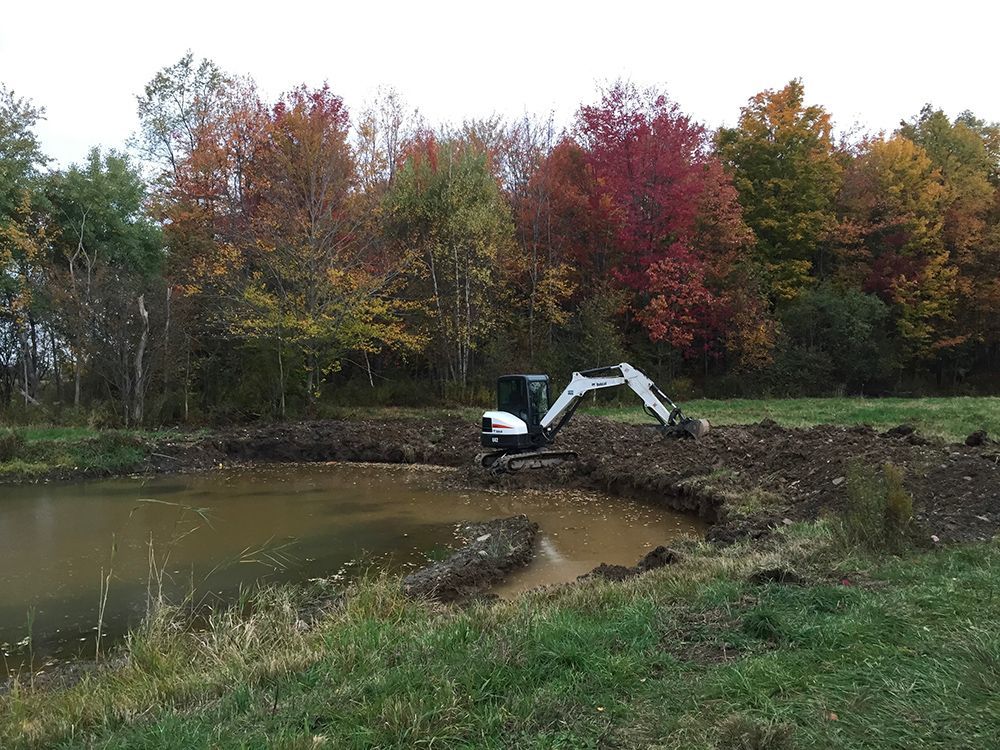 An excavator is digging a hole in the middle of a pond.