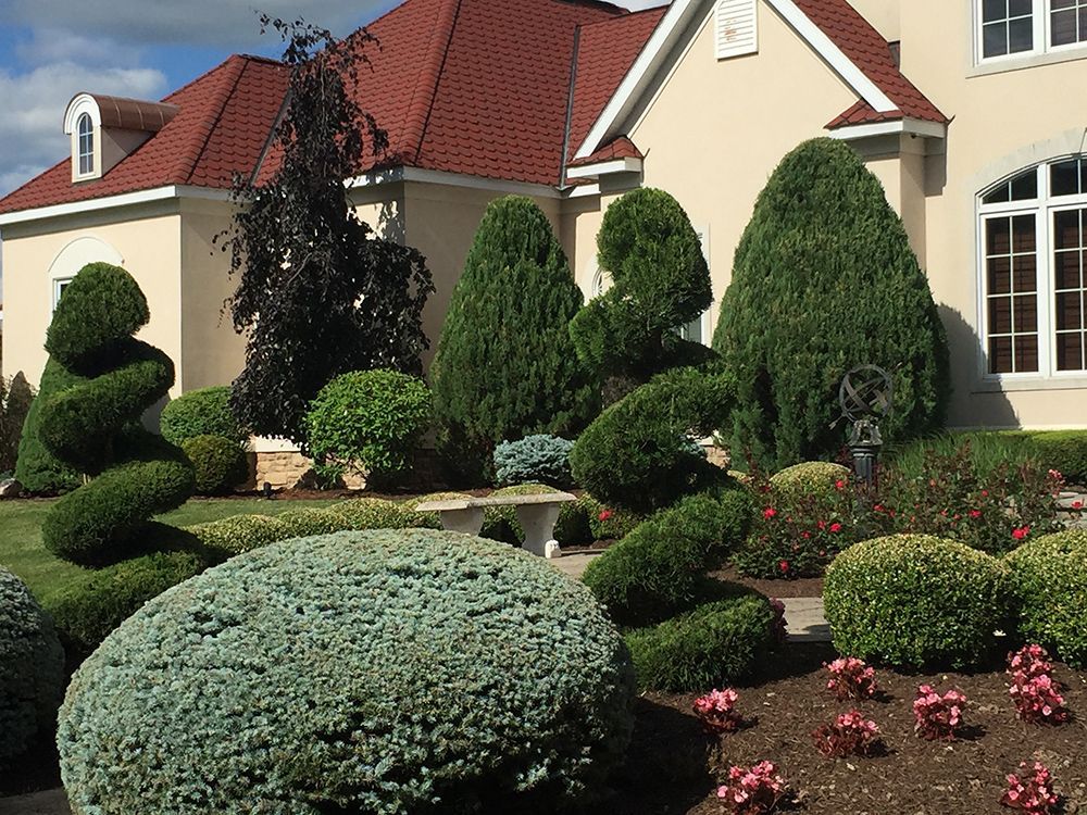 A large house with a red roof is surrounded by trees and bushes