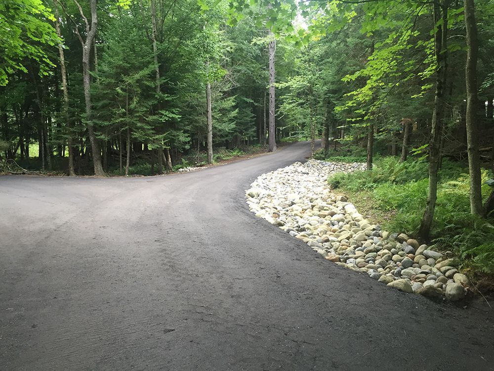 A road that is surrounded by trees and rocks
