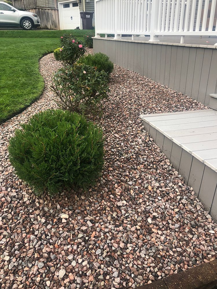 A garden with rocks and bushes in front of a house.