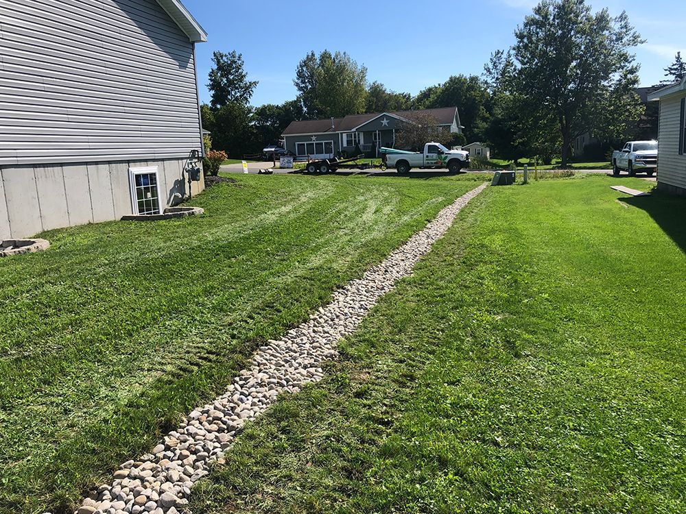 A gravel path runs through a lush green yard next to a house.