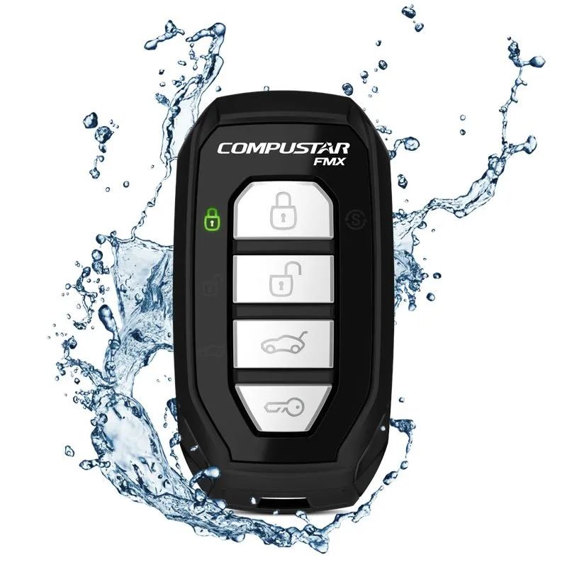 A compustar remote control with water splashing around it.