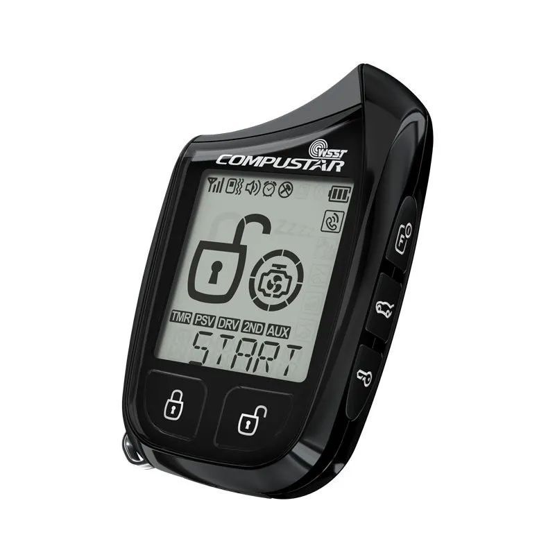 A black and white remote control with the word start on it.