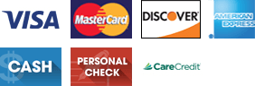 Visa, MasterCard, Discover, American Express, Cash, Personal check, CareCredit