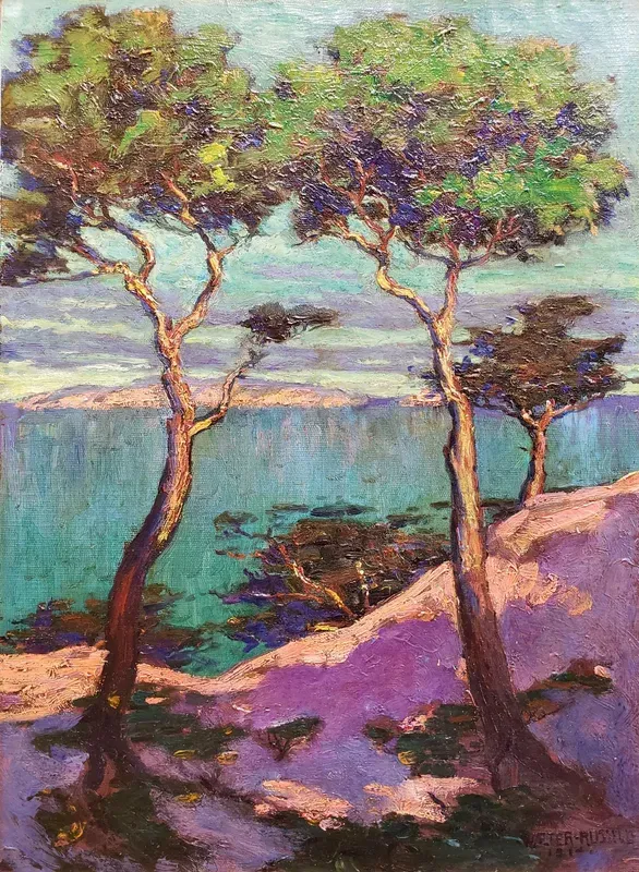 Impressionist oil painting of two gnarled pine trees overlooking a turquoise sea with purple shadows on the rocky shore.