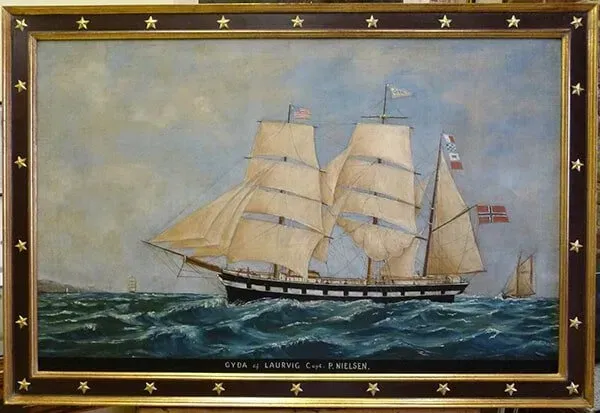 A painting of a three-masted sailing ship on choppy water, framed by a dark border decorated with repeating gold stars.