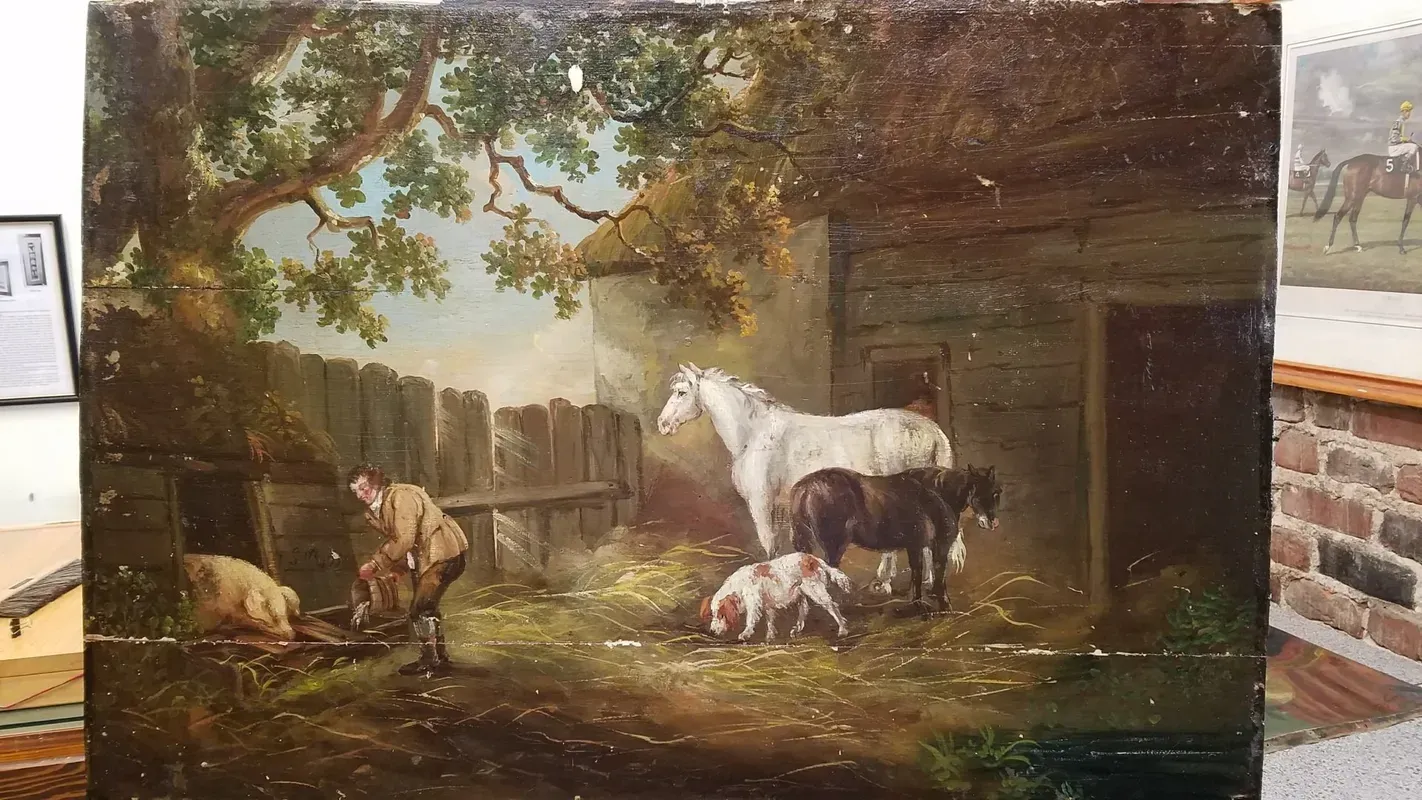 A farm scene with a person feeding animals near a stable, featuring a white horse, a brown pony, a dog, and a pig.