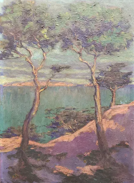 An impressionist painting of two tall trees overlooking a calm, blue-green sea and a distant horizon under a soft sky.