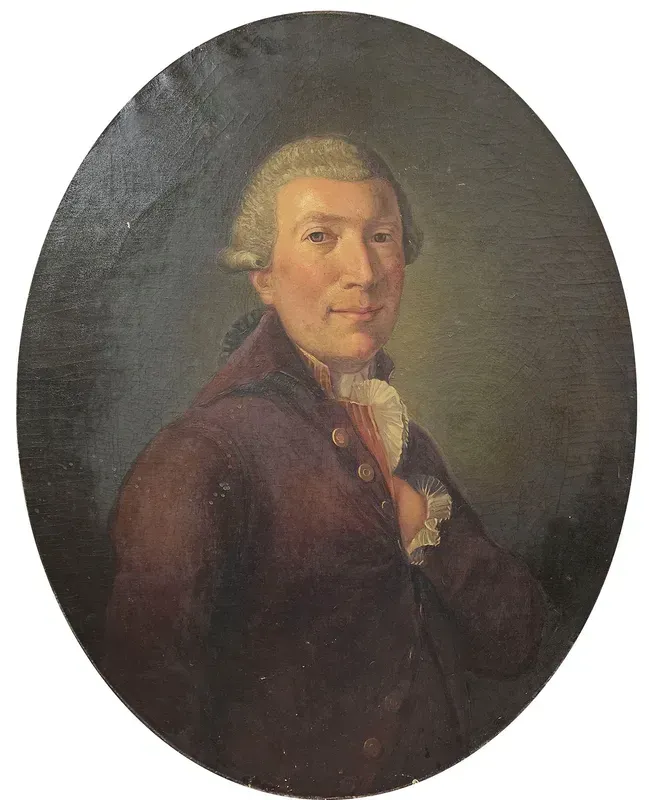An oval-framed oil portrait of a person in an 18th-century purple coat and white cravat against a dark, moody background.