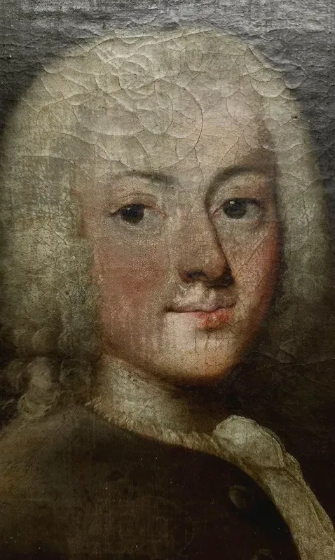 Oil painting portrait of a person with powdered hair, wearing a dark coat and cravat, against a dark background.