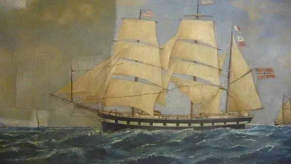 Painting of a two-masted sailing ship with tan sails navigating choppy blue waters under a cloudy sky.