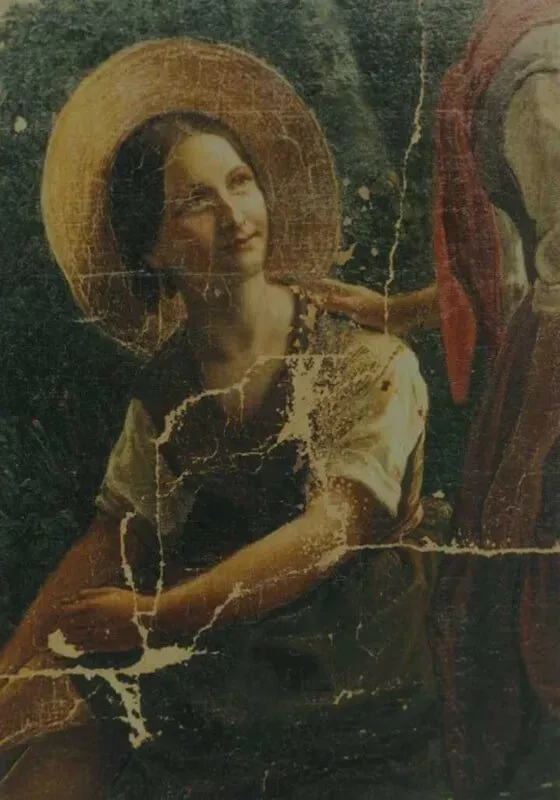 A person in a straw hat looks upward with a gentle smile in a textured, weathered painting.